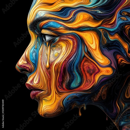 Vibrant Abstract Expression of Emotion Through Colorful Flowing Patterns on a Woman's Face