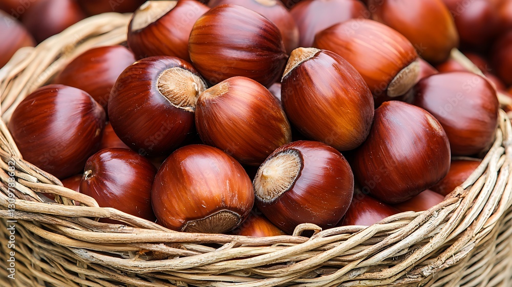 Ripe hazelnuts in woven basket; Close-up, food use. Background blurred for focus Ripe hazelnuts in woven basket; Close-up, food use. Background blurred for focus