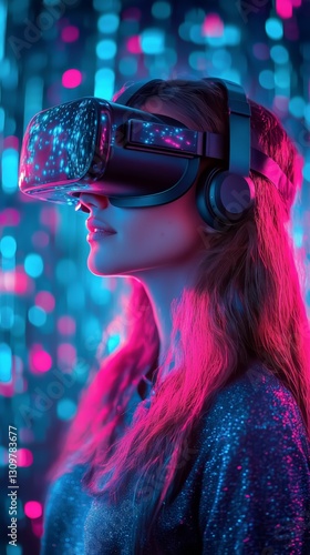 Young Woman Experiences Virtual Reality in Vibrant Lighting at a Technology E...