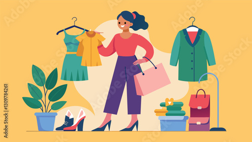 A fashionista sharing her thrift store haul of designer pieces demonstrating that luxury can also be sustainable.. Vector illustration