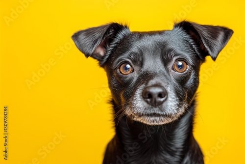 Cute Small Dog With Expressive Eyes in Front of a Bright Yellow Background
