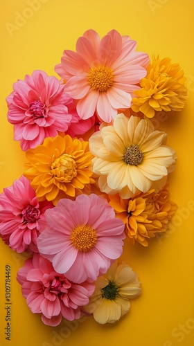 Colorful Arrangement of Flowers on Bright Yellow Background During Daytime