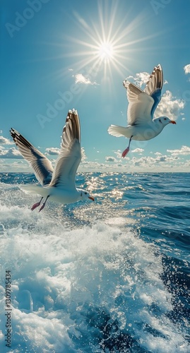 Seagulls Flying Over Sparkling Ocean Waves Under a Bright Sun in the Afternoo...