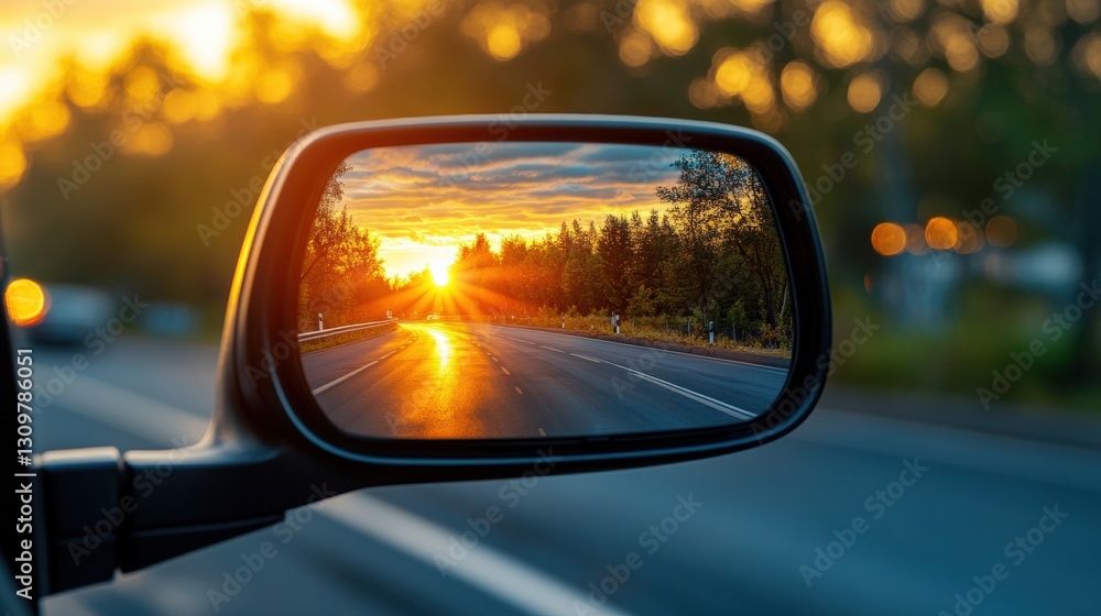 Breathtaking sunset reflected in a side view mirror highlighting the warm colors of dusk during a scenic drive Breathtaking sunset reflected in a side view mirror highlighting the warm colors of dusk during a scenic drive