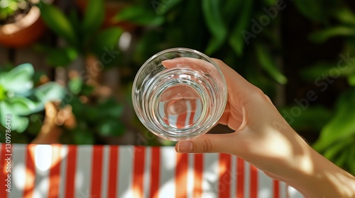 Hand Holding a Clear Beverage Glass in a Vibrant Outdoor Setting With Lush Gr...