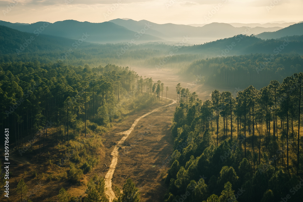 Obraz premium Deforestation for industrial factory, Illegal wood cutting in forest, Landscape view of forest with tree stump.