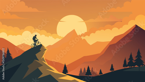 A breathtaking view from the top of a mountain with a lone biker poised to take on the descent and the sun casting a golden light on the entire. Vector illustration