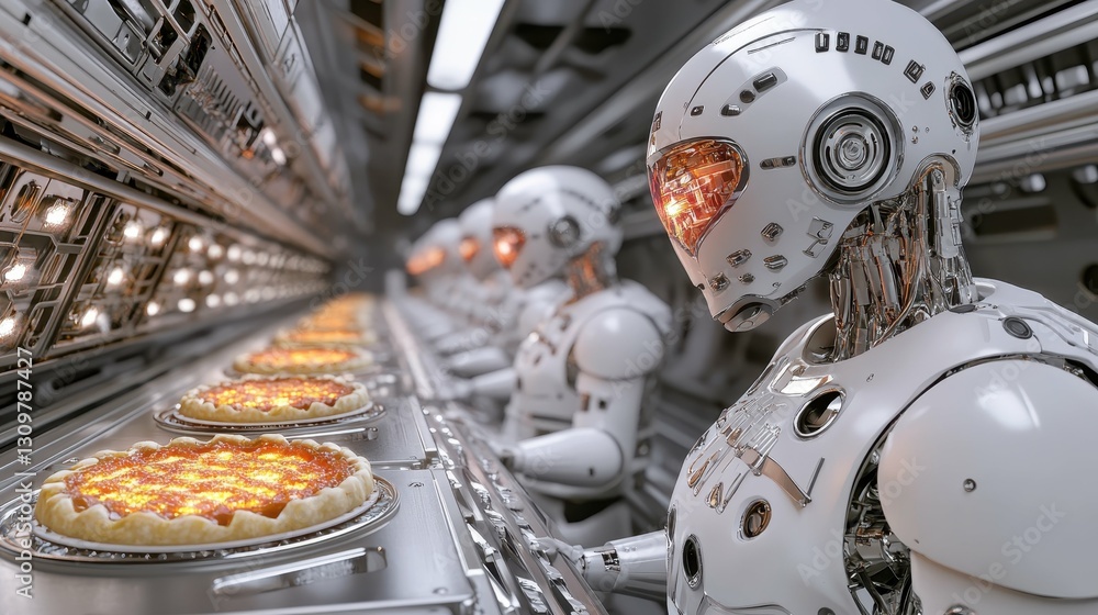 Fototapeta premium Robots Skillfully Assembling Delicious Pizzas in a Futuristic Kitchen Setting