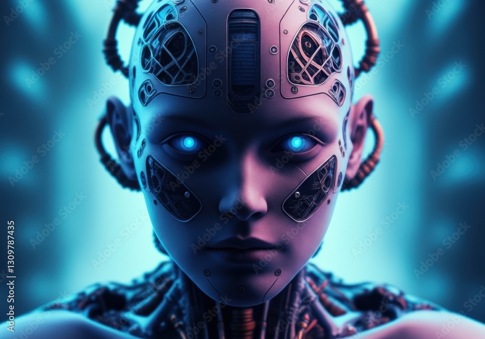 Futuristic humanoid robot with glowing blue eyes and intricate circuitry Futuristic humanoid robot with glowing blue eyes and intricate circuitry