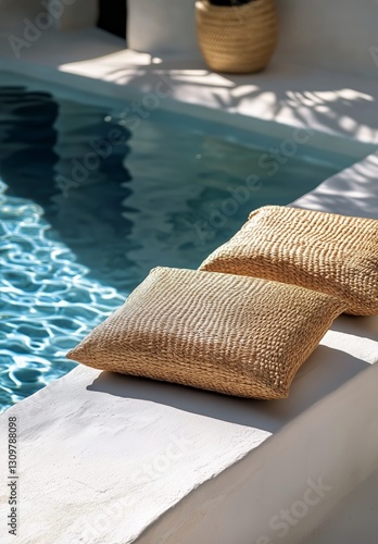 Sunlit Woven Pillows by the Tranquil Poolside on a Clear Day