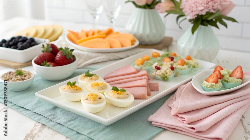 A stylish Easter buffet with a selection of fresh fruits, cheese, cold cuts, and deviled eggs, beautifully arranged on a festive table with pastel-colored napkins and floral accents. A stylish Easter buffet with a selection of fresh fruits, cheese, cold cuts, and deviled eggs, beautifully arranged on a festive table with pastel-colored napkins and floral accents.