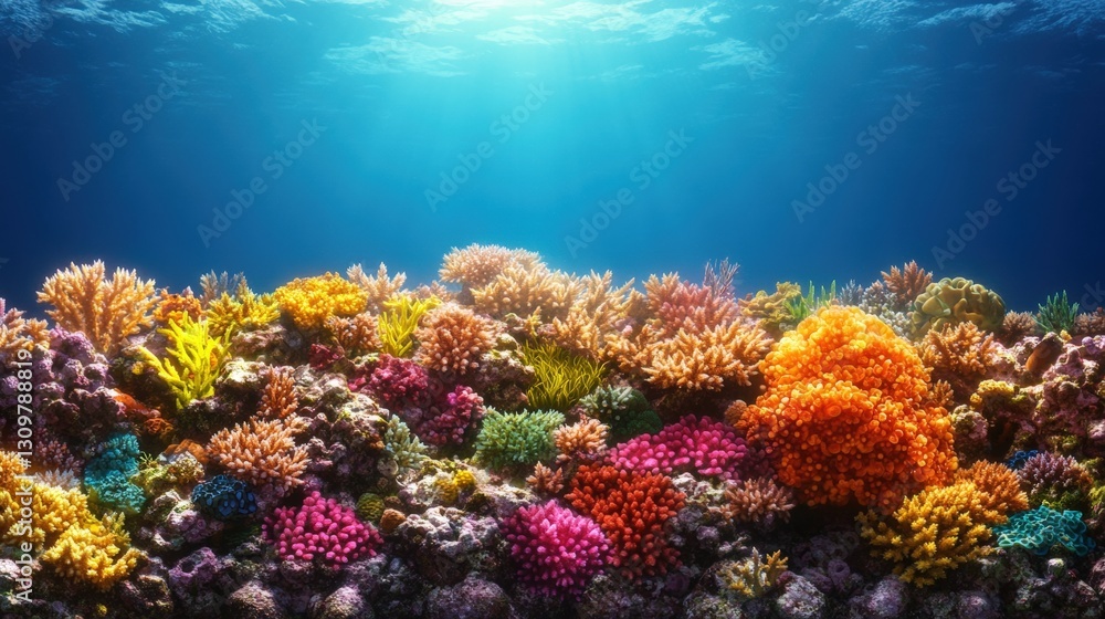 An expansive coral reef teeming with life and vibrant colors under the sparkling blue waters of the ocean An expansive coral reef teeming with life and vibrant colors under the sparkling blue waters of the ocean