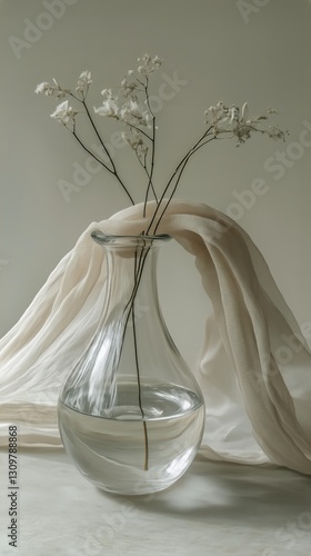 Elegant Glass Vase Surrounded by Soft White Fabric in a Tranquil Setting