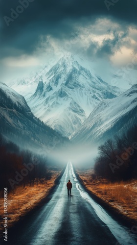 Majestic Snow-Capped Mountains Loom Over a Solitary Figure Walking Down the W...