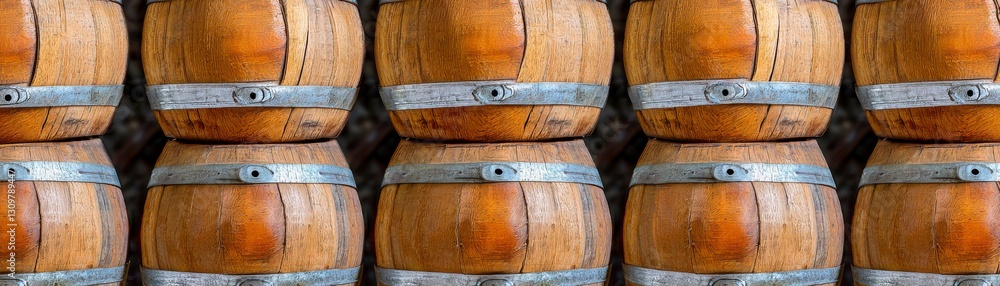 Weathered Wooden Barrels with Metal Bands Stacked in a Row Weathered Wooden Barrels with Metal Bands Stacked in a Row