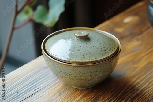 Beautiful Ceramic Bowl With Lid Placed on a Wooden Table in a Cozy Indoor Set...