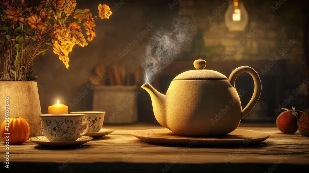 Fototapeta premium Warm Tea Set on a Rustic Table With Flowers and Candles for an Inviting Autumn Atmosphere