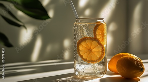 Refreshing Drink With Lemon Slices Bathed in Sunlight on a Table