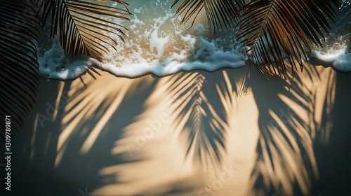 Tranquil Beach With Palm Tree Shadows and Gentle Waves at Sunset
