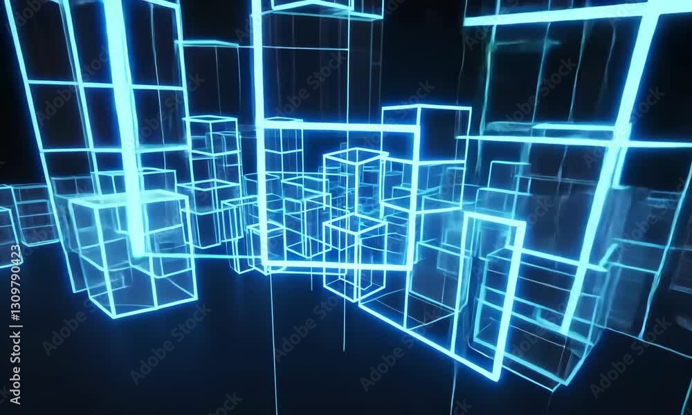 Abstract representation of illuminated 3D cubes floating in a dark space, showcasing depth and perspective Abstract representation of illuminated 3D cubes floating in a dark space, showcasing depth and perspective
