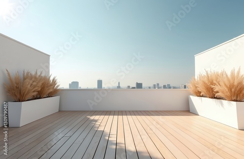 Empty rooftop terrace overlooks city skyline on sunny day. Minimalist design with potted pampas grass. Modern apartment space comfort, stylish outdoor living. Residential building with open-air