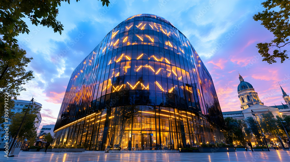 Fototapeta premium Modern glass building at dusk, illuminated interior
