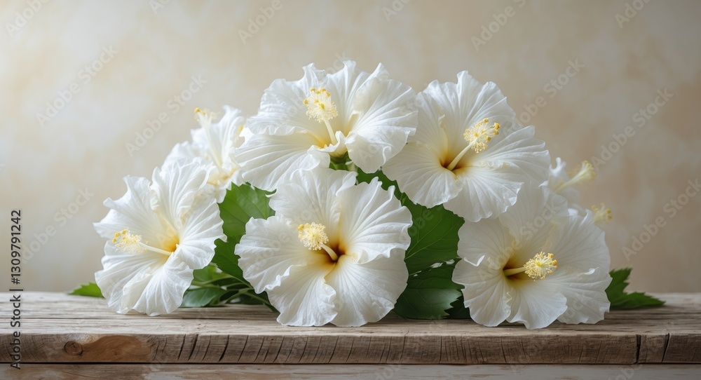 Obraz premium White Hibiscus blooms display on wood surface with blurred neutral backdrop