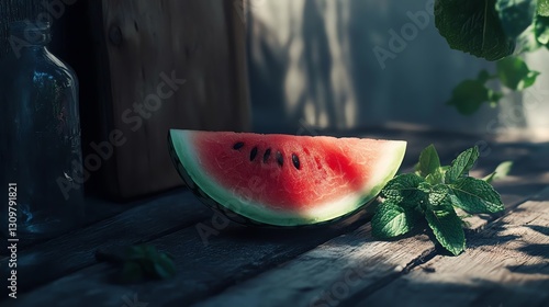 Fresh watermelon slice on rustic wooden table