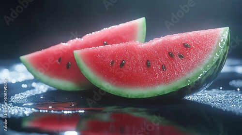 Fresh watermelon slices on reflective surface
