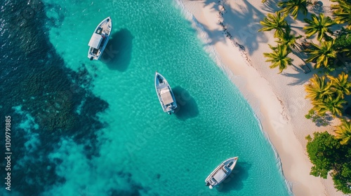 Turquoise Waters and Anchored Boats by a Sandy Beach Lined With Palm Trees in...
