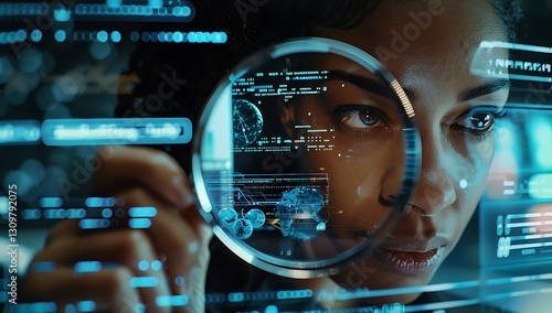 A woman's face is reflected in the magnifying glass, and she holds it with one hand to study digital data on her computer screen