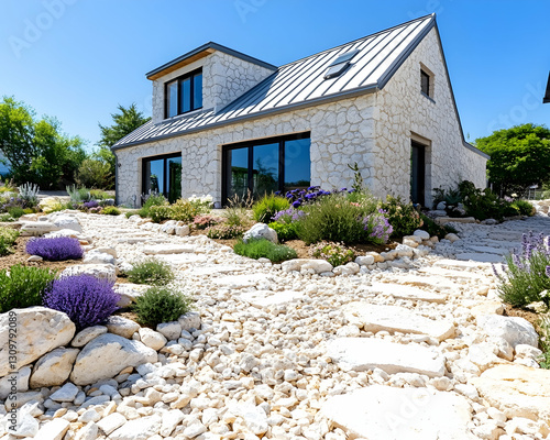 Modern stone house with landscaped garden and stepping stones