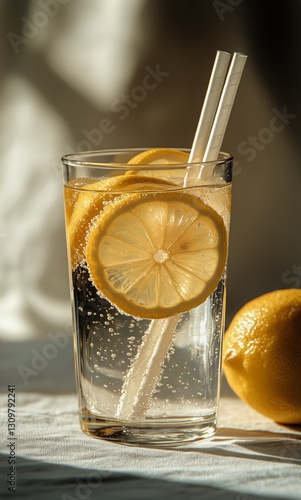 Refreshing Lemon Drink Served With Slices and Straws on a Sunny Afternoon