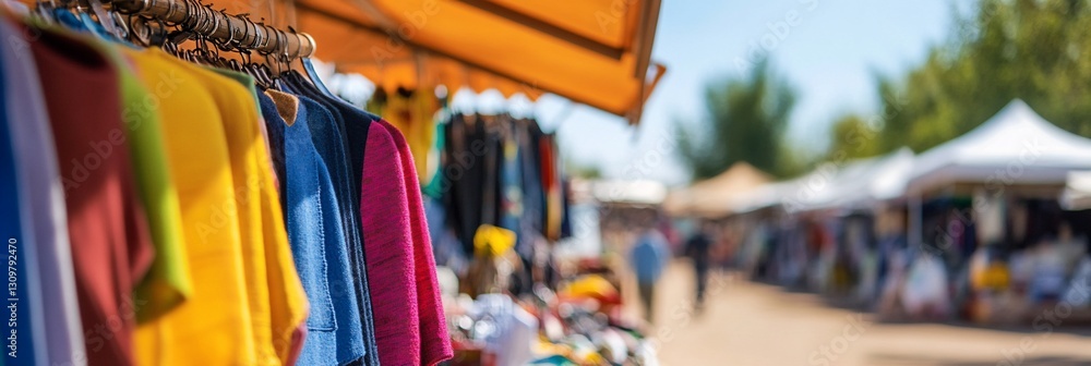 Obraz premium Colorful Fabrics Hanging at Vibrant Outdoor Market Sunny Day