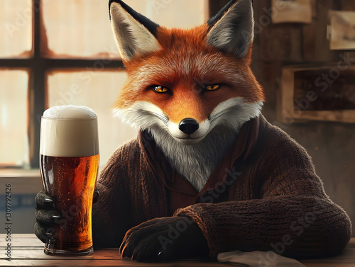 Concept of Funny Animal Leisure: Humorous Red Fox with Beer Pint in Pub - Anthropomorphic Character Illustration for Fable, Storytelling, Funny Animals - Digital Art