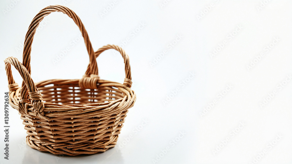 Elegant Wicker Basket on Pristine White Background: Ideal for Easter Promotions, DIY Crafts, Retail Displays, and Event Planning Stock Photo Use Elegant Wicker Basket on Pristine White Background: Ideal for Easter Promotions, DIY Crafts, Retail Displays, and Event Planning Stock Photo Use