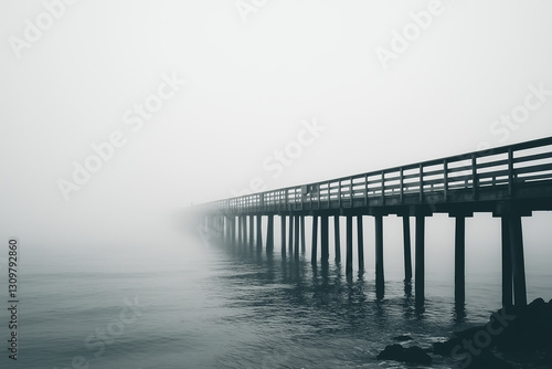 Wallpaper Mural Selective focus wooden pier into the sea with foggy view, Dock for fisherman and small boat. Torontodigital.ca