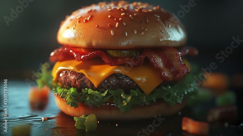 Juicy hamburger with bacon and cheese, close-up