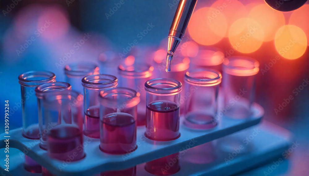 A close-up of a pipette transferring liquid into test tubes in a vibrant, colorful laboratory setting.