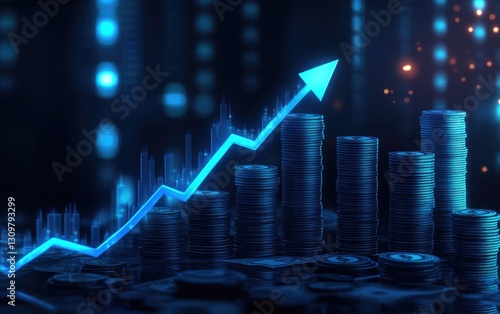 Graphic representation of financial growth using coins and upward arrow