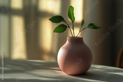 Elegant Pink Vase With Green Leaves in Soft Morning Light at Cozy Indoor Setting