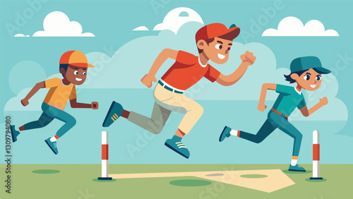 A gaggle of young baseball players running through obstacles and drills at a youth athletic training camp determined to become better players.. Vector illustration