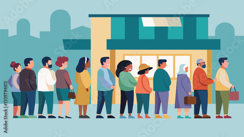 A long line of customers both young and old stretching around the corner on the day of the thrift store chains highly anticipated expansion into a new. Vector illustration