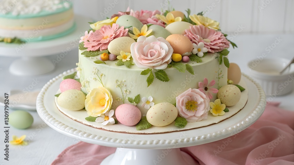 A refined Easter cake topped with intricate marzipan flowers, pastel eggs, and delicate sugar pearls. The cake’s luxurious design makes it a perfect dessert for an elegant Easter gathering. A refined Easter cake topped with intricate marzipan flowers, pastel eggs, and delicate sugar pearls. The cake’s luxurious design makes it a perfect dessert for an elegant Easter gathering.