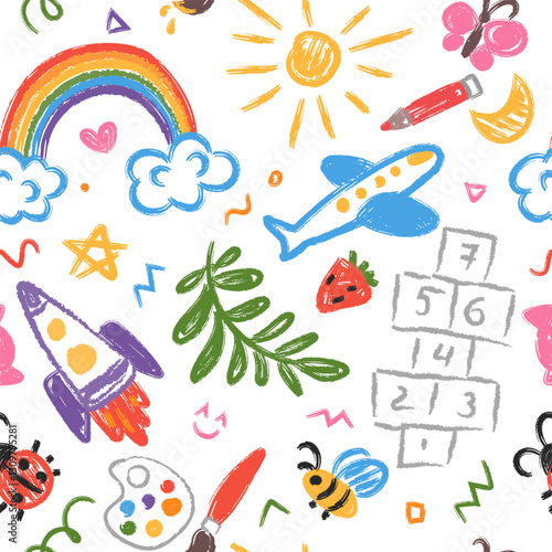 Cute kid crayon seamless pattern. Hand drawn doodle child elements, rainbow, animals, rocket. Vector chalk background. Kids doodle crayon pattern for wrapping paper, wallpaper, kindergarten design