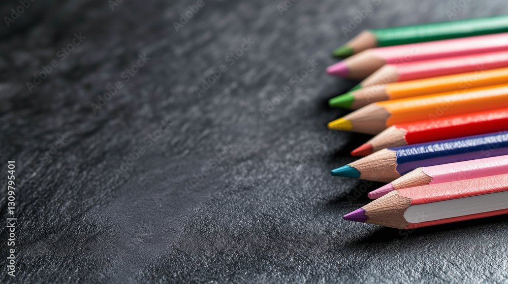 Colorful pencils arranged neatly on a dark textured surface for artistic inspiration and creative expression