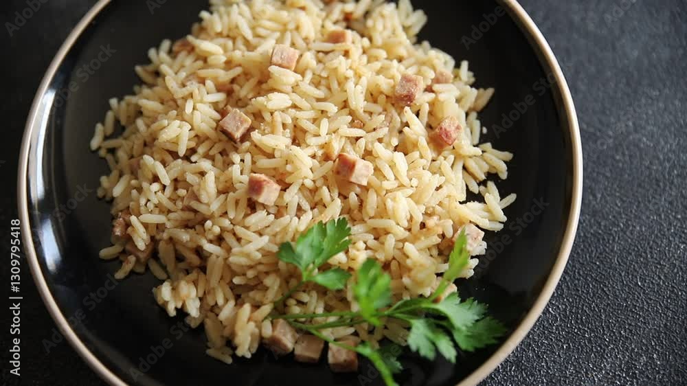 Rice with ham meat main course delicious fresh delicious gourmet food background on the table rustic food top view copy space Rice with ham meat main course delicious fresh delicious gourmet food background on the table rustic food top view copy space