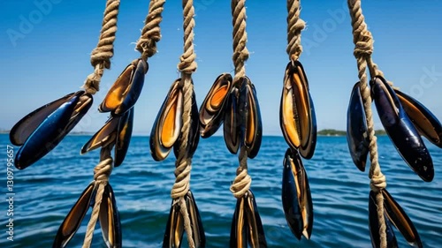 Mussels dangling from ropes, representing sustainable marine aquaculture, growing clustered shells in underwater farming environment with marine ecosystem backdrop. Innovative seafood methods.
