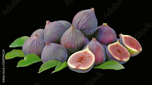 Freshly Harvested Figs on Green Leaves With a Sliced Fig Showcasing Its Juicy...