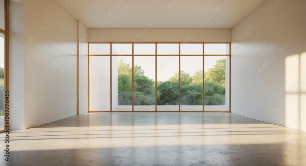 Fototapeta premium Sunlit Empty Room with Polished Concrete Floor and Expansive Windows